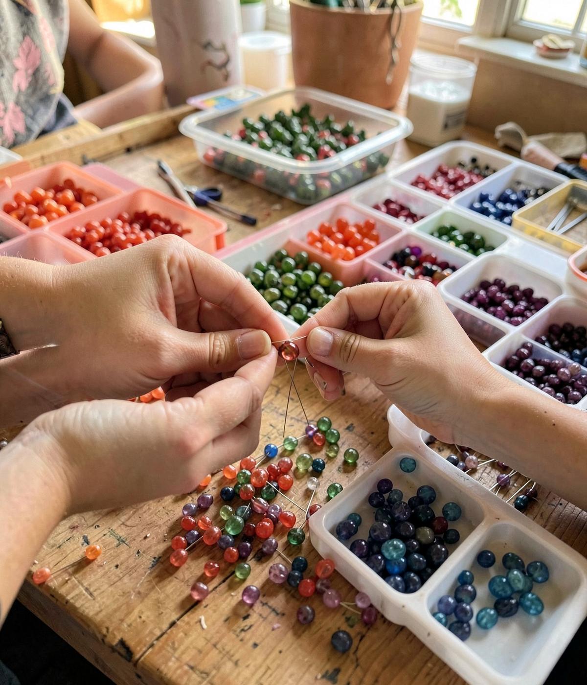 Hands threading colourful glass beads at a wooden craft table