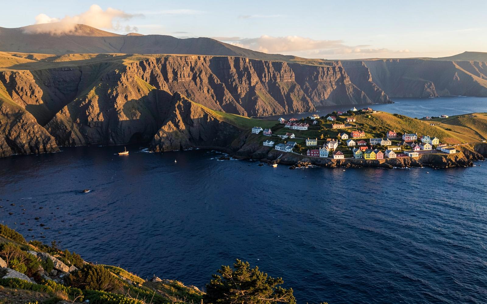 Volcanic cliffs and colourful houses of Jamestown, St Helena, at golden hour