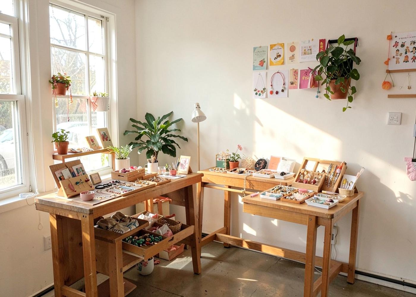 Bright studio with wooden tables displaying handmade jewellery and plants